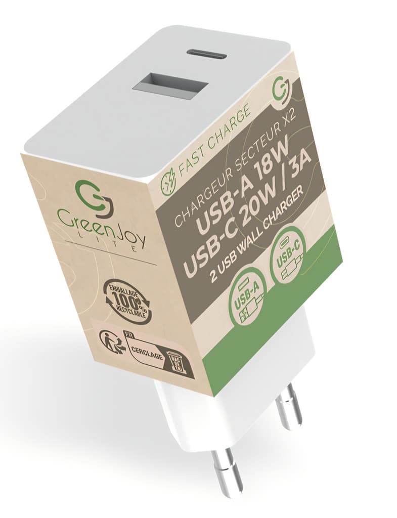 Chargeur secteur 20W Greenjoy avec 2 ports USB A et C