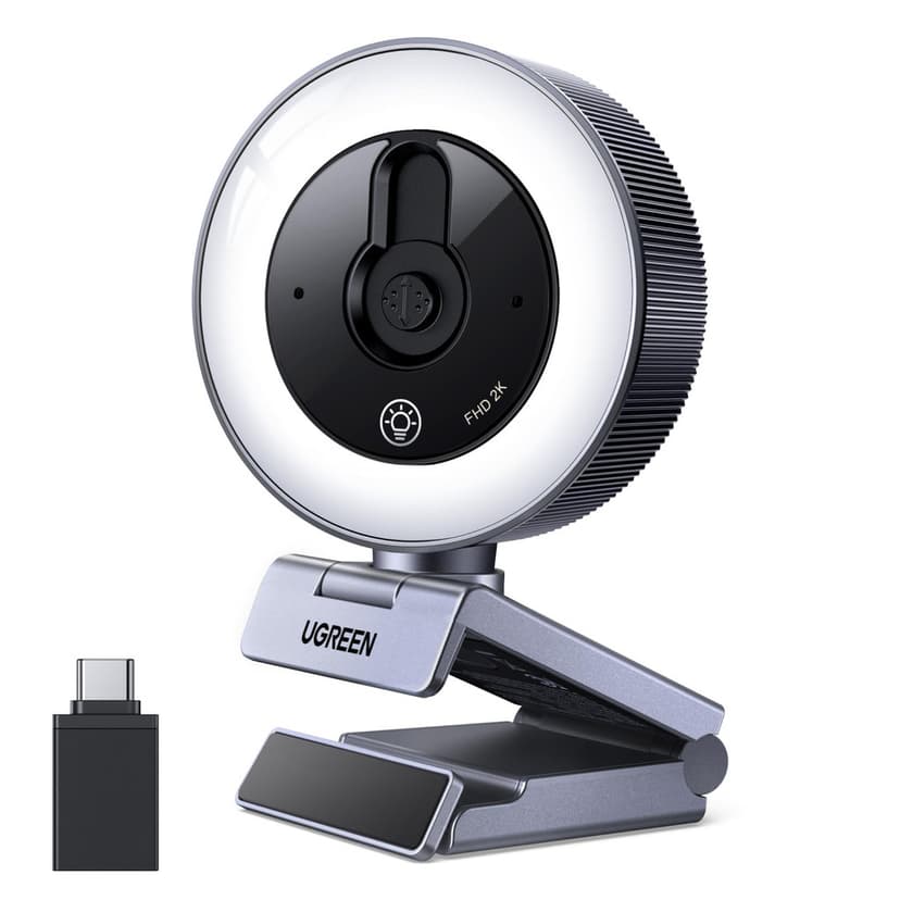 Webcam 2K UGREEN - 2K@30FPS, Éclairage LED annulaire, Double micro, Adaptateur USB-C inclus (Vendeur tiers)