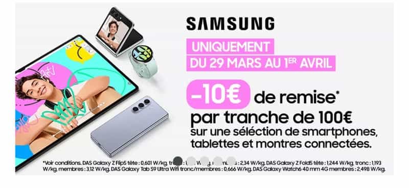 10€ de remise par tranche de 100€ sur une sélection Samsung