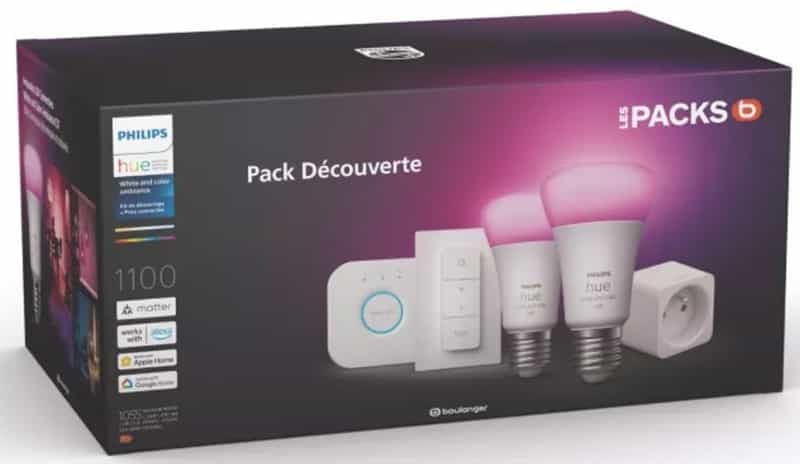 Ensemble Philips Hue : 2 Ampoules Blanches et Colorées E27 (1100lm) + Pont de Connexion + Interrupteur Variateur + Prise Connectée