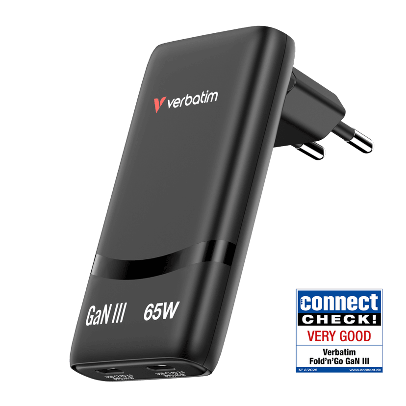 Chargeur rapide Verbatim Fold’n’Go GaN 65W, Chargeur Pliable USB-C, Adaptateur Secteur avec 2 Ports USB-C Power Delivery 3.0