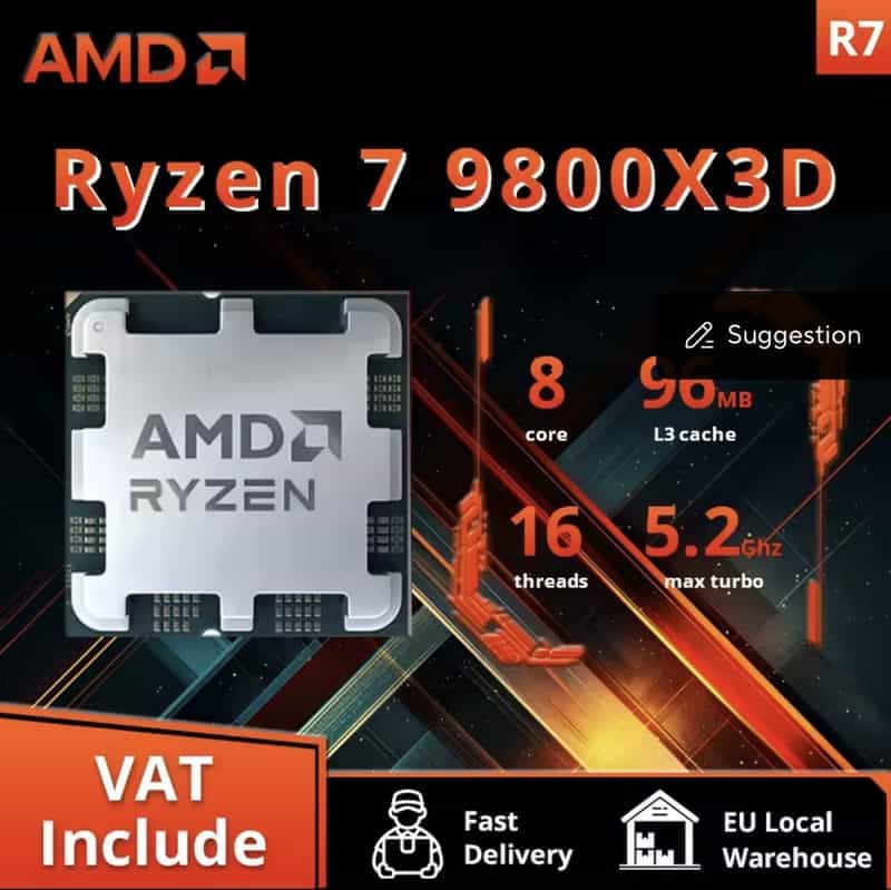 Processeur AMD Ryzen 7 9800X3D - 8 Cœurs, 16 Threads, jusqu'à 5,2 GHz, Socket AM5