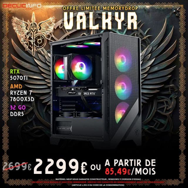 Code promo - PC Gamer Valkyr : Ryzen 7 7800X3D, RTX 5070 Ti, 32 Go DDR5, 1 To SSD