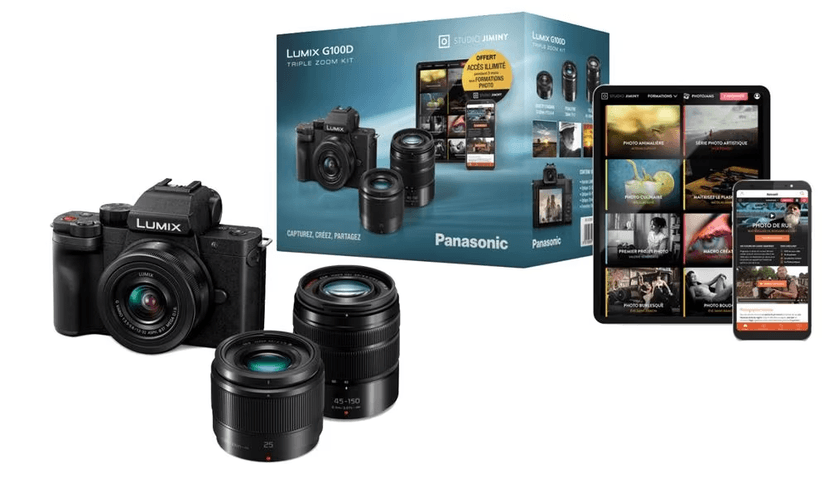 Code promo - Pack Panasonic G100D : Hybride + 3 objectifs + formation Jiminy