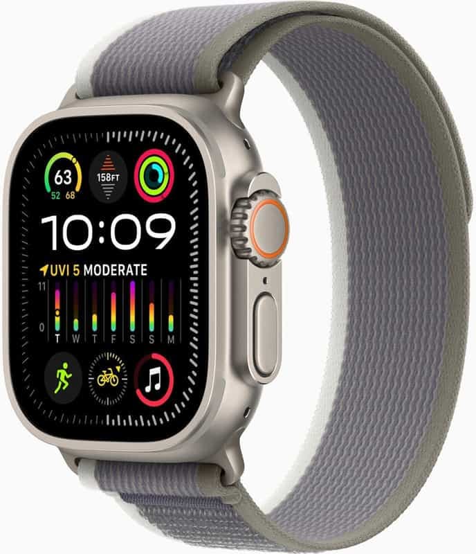 Montre Smartwatch Apple Watch Ultra 2 - Design Titanium, GPS Cellular, Taille 49 mm, Bracelet en Tissu Vert Trail