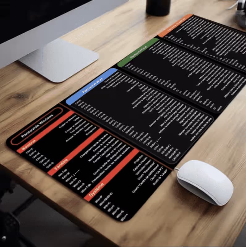 Tapis de souris avec raccourcis en français pour Windows, Excel, Word et PowerPoint - 80 x 40 cm