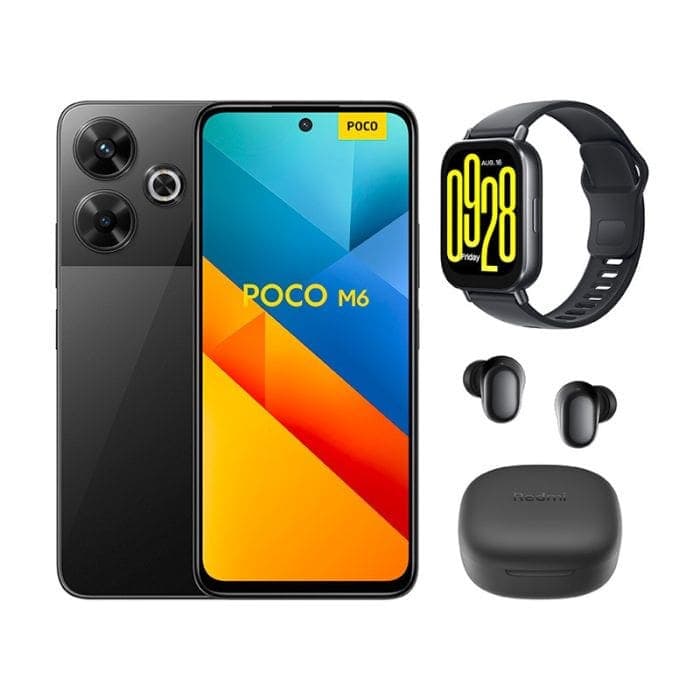 Ensemble Smartphone Xiaomi Poco M6 4G 256 Go + Écouteurs et Montre connectés