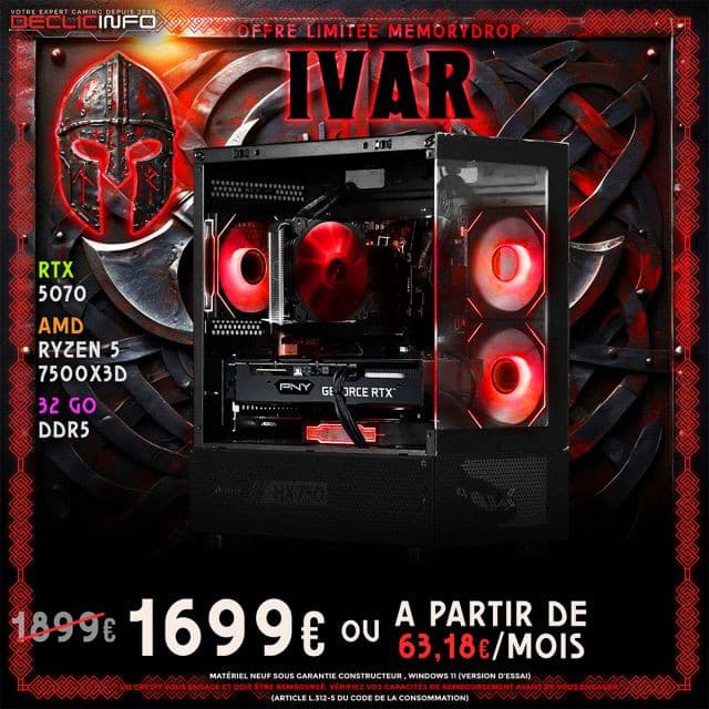 Code promo - PC gamer IVAR : Ryzen 5 7500X3D, RTX 5070 12 Go, 32 Go DDR5, 1 To SSD