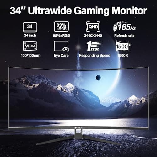 Écran PC Incurvé 34" CRUA - WQHD 3440x1440, 1ms, 165Hz, FreeSync Premium
